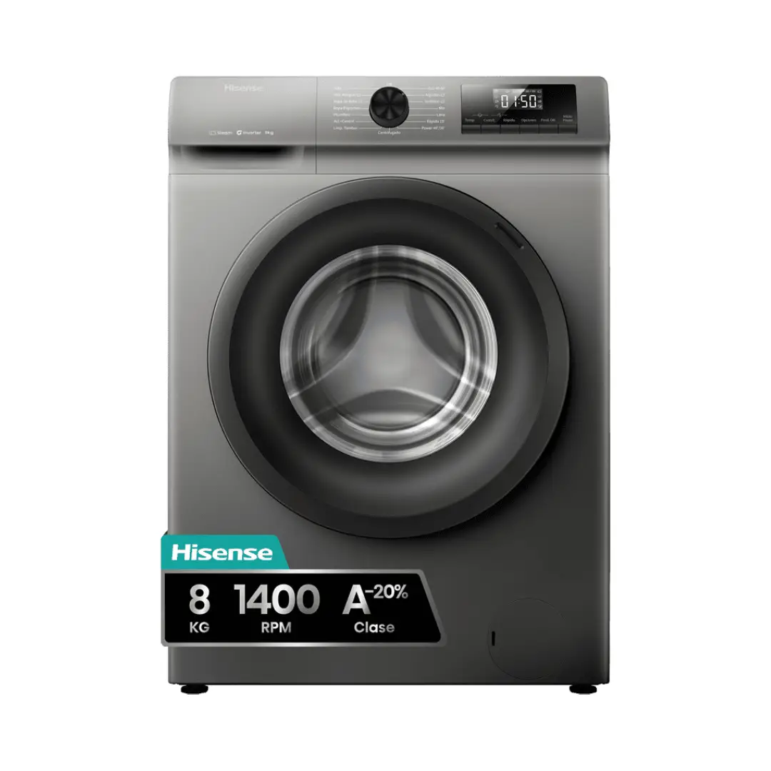 Imagen frontal de la lavadora Hisense WF1Q-8041BT en acabado inox, mostrando su diseño moderno y capacidad de 8 kg – disponible en Electrocash.