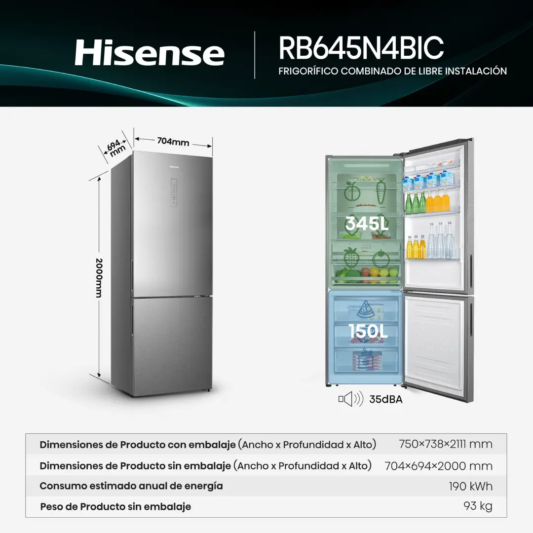 Imagen con las medidas y características técnicas principales del frigorífico combi Hisense RB-645N4BIC en acero inoxidable.