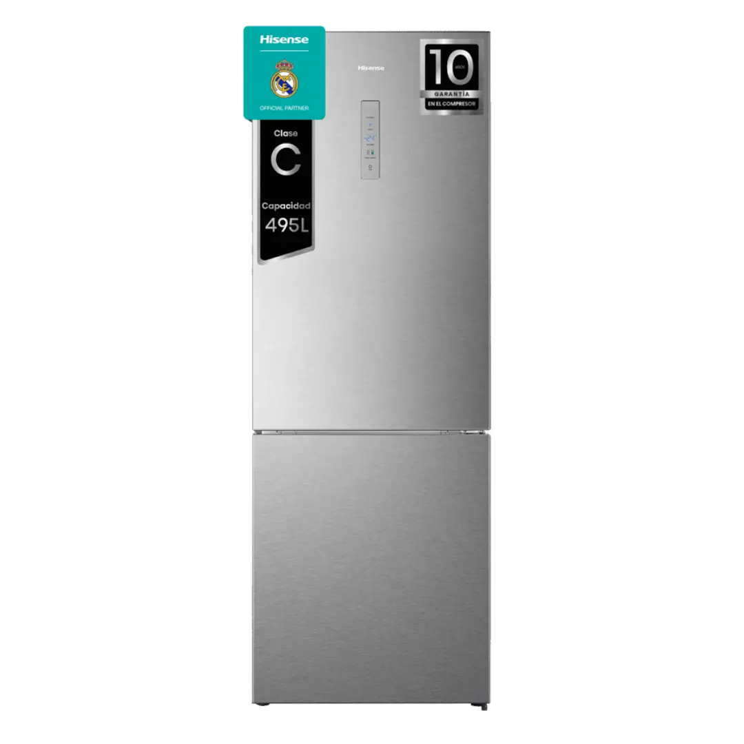 Imagen principal del frigorífico combi Hisense RB-645N4BIC en acabado inox de 200x70 cm, con display integrado y diseño moderno.