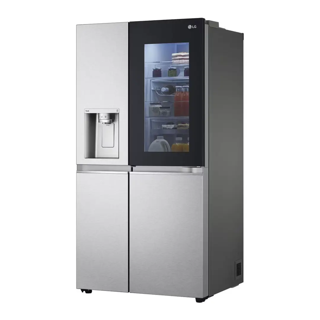 Vista frontal del frigorífico americano LG GSXV-90MBAE con diseño inox, 4 puertas y tecnología avanzada. Imagen para Electrocash.