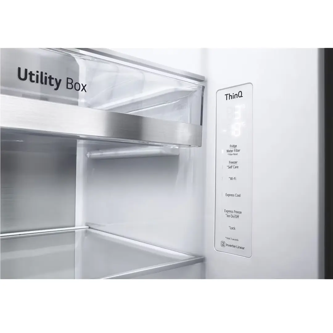 Primer plano del panel de control digital del frigorífico LG GSXV-90MBAE con funciones inteligentes. Imagen para Electrocash.