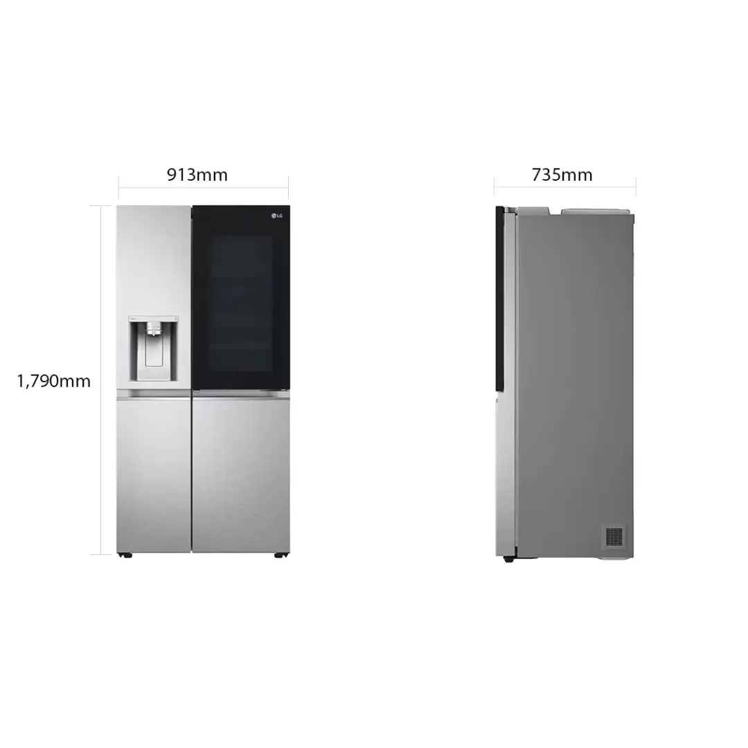 Dimensiones y medidas del frigorífico americano LG GSXV-90MBAE para facilitar su instalación. Imagen para Electrocash.