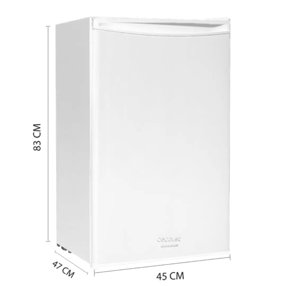 Imagen mostrando las dimensiones del mini frigorífico Cecotec 00126 TT 90 White, ideal para espacios pequeños – disponible en Electrocash.