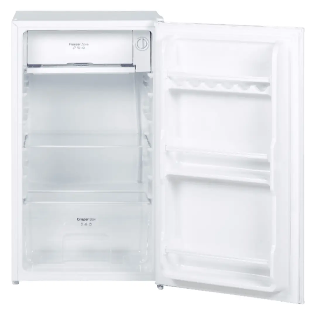 Vista del mini frigorífico Cecotec 00126 TT 90 White abierto, mostrando estantes y compartimentos interiores – disponible en Electrocash.
