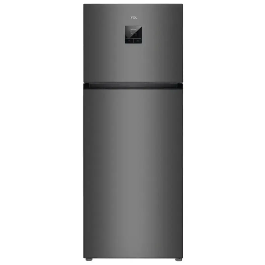 Vista frontal del frigorífico inox TCL RP-465TSE1 con dos puertas, capacidad de 465 litros, tecnología Inverter y control electrónico – Imagen para Electrocash.