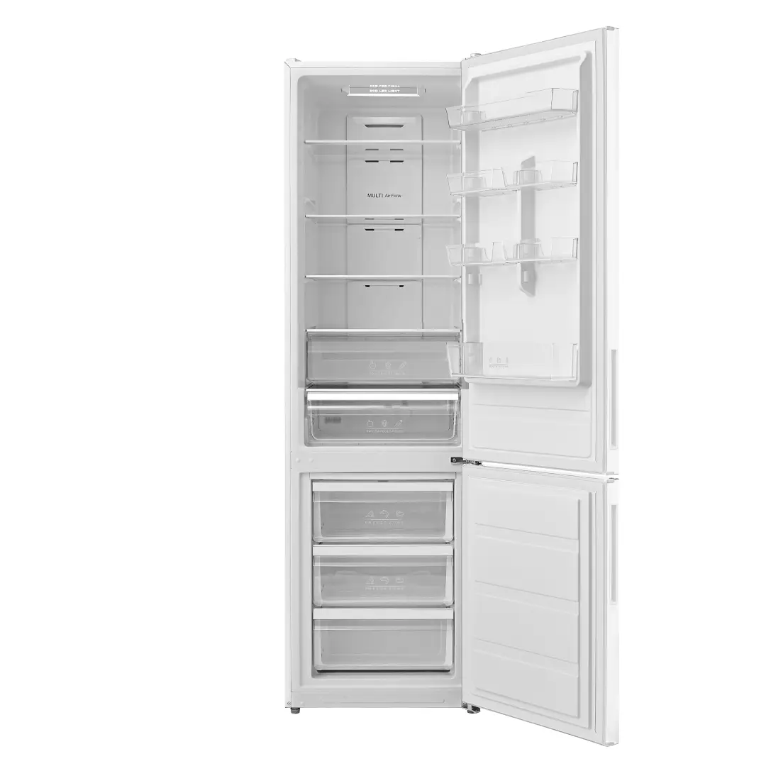 Frigorífico combi Teka NFL-4300 abierto y vacío mostrando todo su interior, estantes ajustables, cajones para frutas y verduras y congelador inferior.