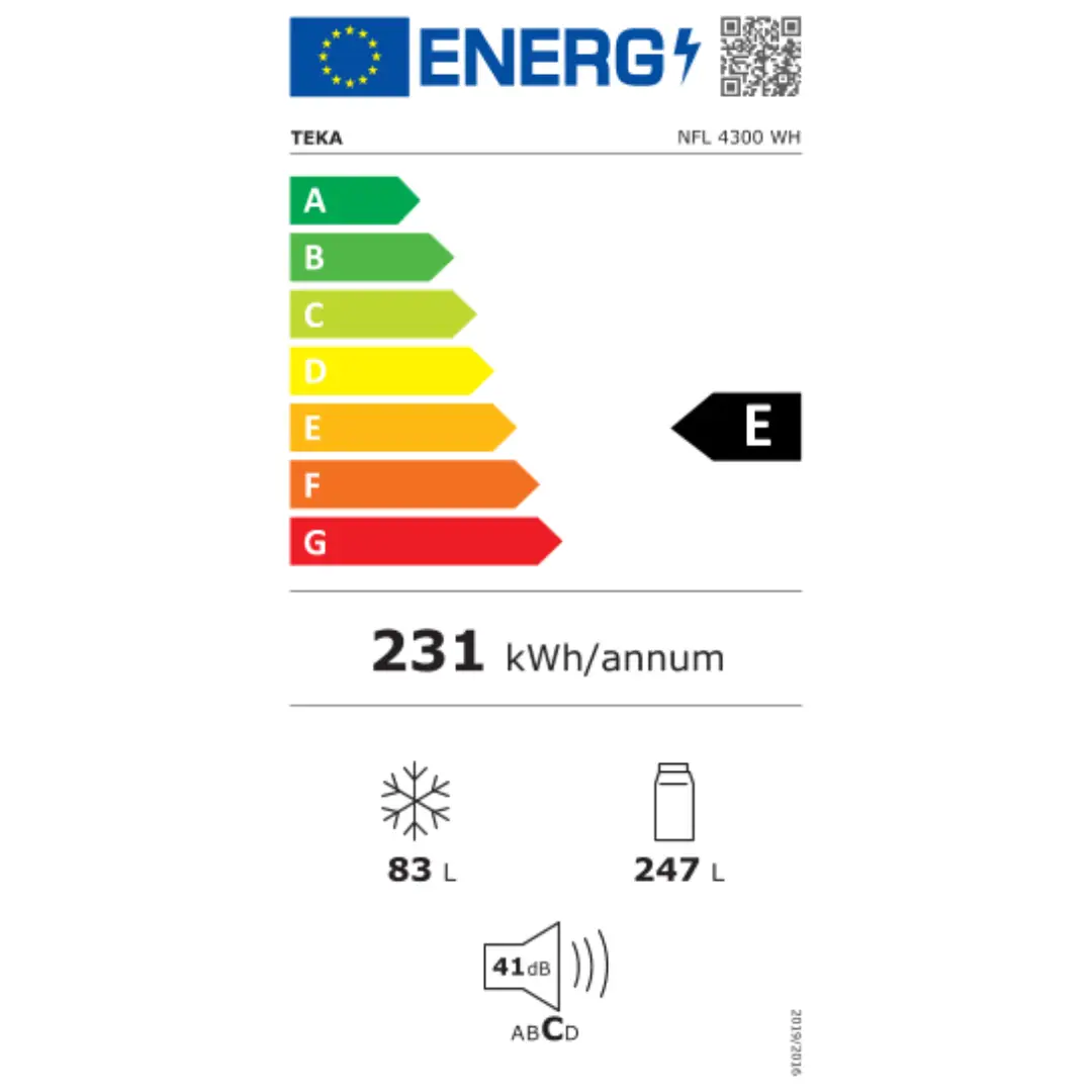 Ficha de consumo energético del frigorífico combi Teka NFL-4300 con clasificación energética E y detalles técnicos de eficiencia.