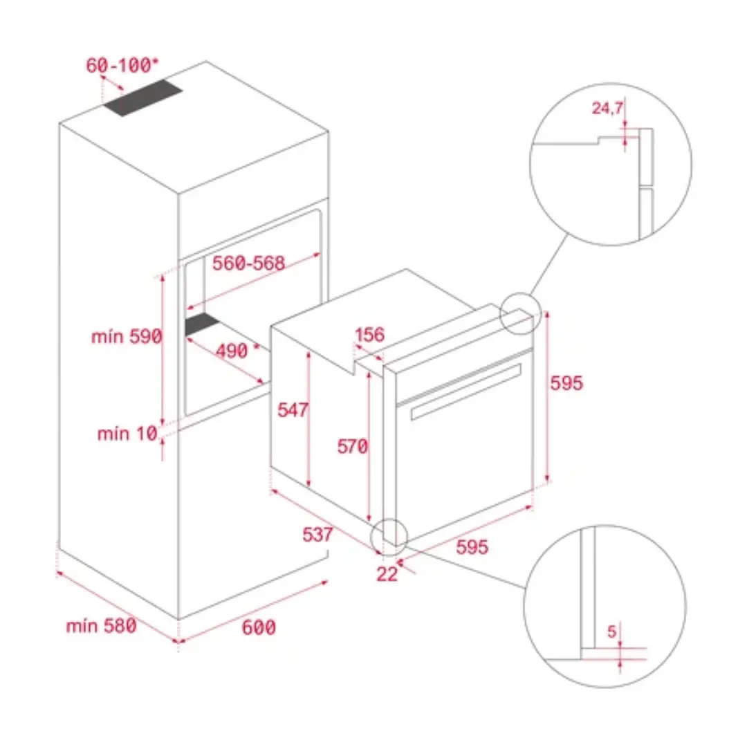 Diagrama con las dimensiones y especificaciones de instalación del horno multifunción TEKA HSB-6350WH en cristal blanco.