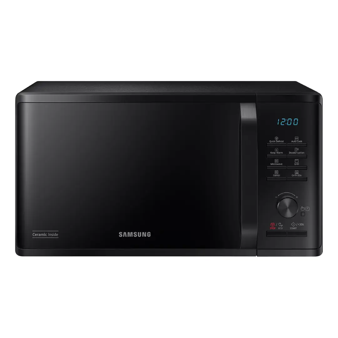 Imagen frontal del microondas Samsung MG-23K3515AK/E1 en color negro con grill, diseño elegante y moderno.