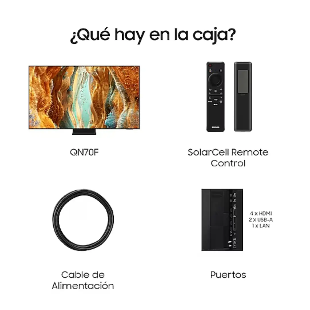 Contenido de la caja del televisor Samsung QN70F de 55": incluye mando a distancia, soporte, cableado y manuales, fotografía orientada a ecommerce Electrocash.
