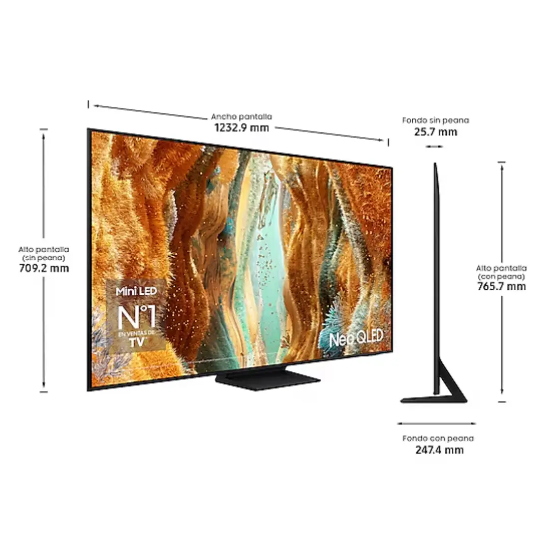 Infografía con medidas de la Smart TV Samsung QN70FA de 55" en milímetros, con y sin soporte, pensada para especificaciones técnicas en Electrocash.