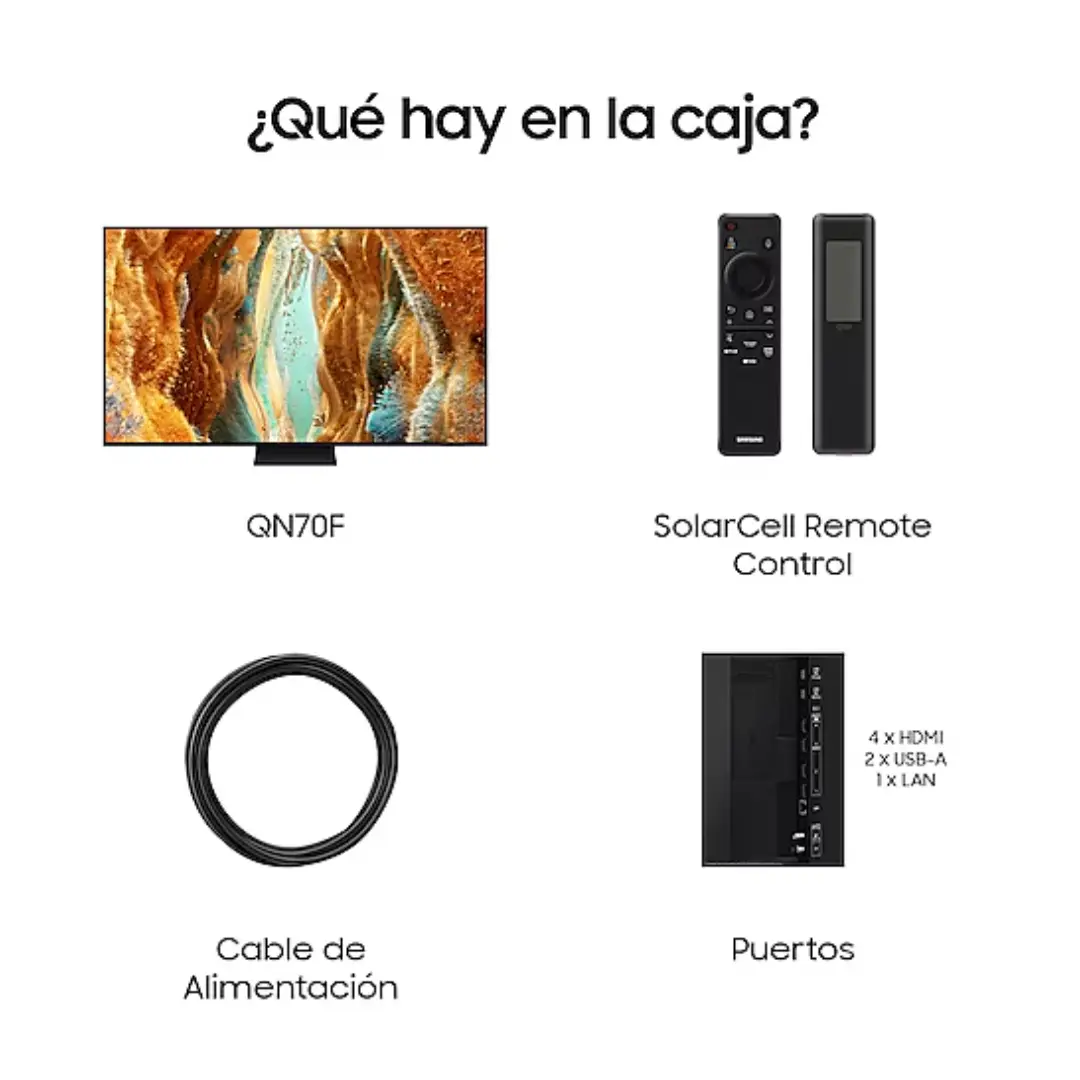 Accesorios incluidos con la TV Samsung QN70F de 65": mando a distancia, soporte de instalación, manuales y cables, fotografía para ficha de producto Electrocash.