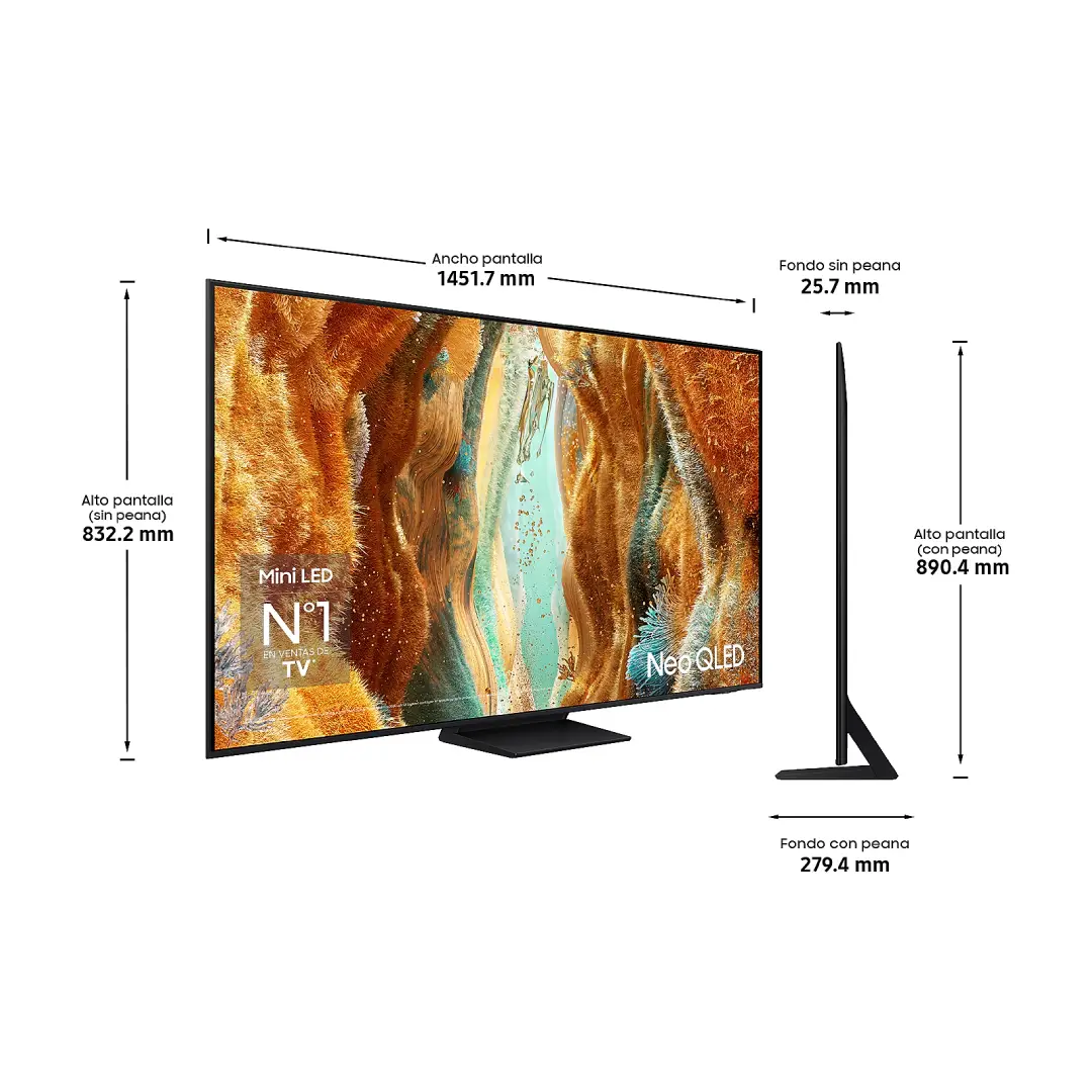 Infografía con dimensiones del televisor Samsung Neo QLED 65” QN70FAUXXC, incluyendo ancho, alto y profundidad con y sin soporte, orientado a ecommerce Electrocash.