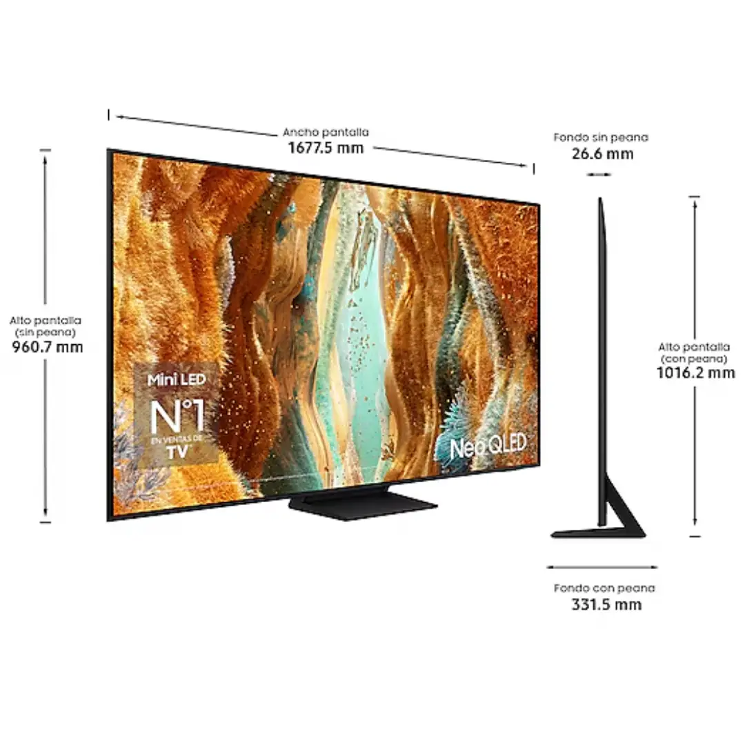 Imagen técnica con las medidas del televisor Samsung Neo QLED 75” QN70FAUXXC, incluyendo altura, ancho y profundidad con y sin soporte, ideal para ficha técnica Electrocash.