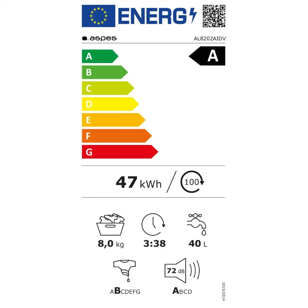 Ficha energética de la lavadora ASPES AL-8202AIDV con clase A de eficiencia, consumo anual, nivel de ruido y datos de rendimiento, imagen para Electrocash.
