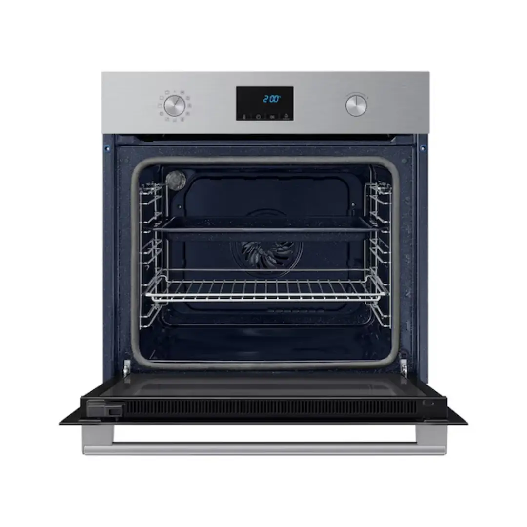 Vista del horno Samsung NV-68A1170BS/EC abierto, mostrando su amplio interior en inox con guías y bandejas para una cocción uniforme.