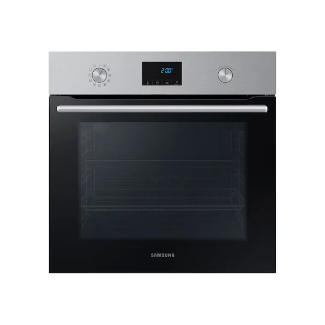 Imagen frontal del horno multifunción Samsung NV-68A1170BS/EC en acero inoxidable, con display LED y sistema de limpieza pirolítica – disponible en Electrocash.