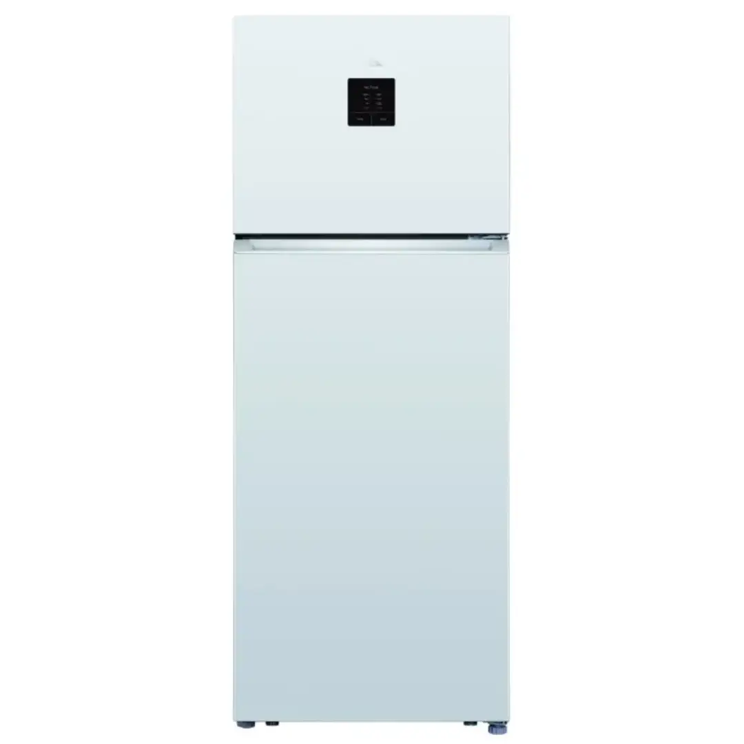 Vista frontal del frigorífico blanco TCL RP-465TWE1 con dos puertas, capacidad de 465 litros y tecnología Inverter – Imagen para Electrocash.