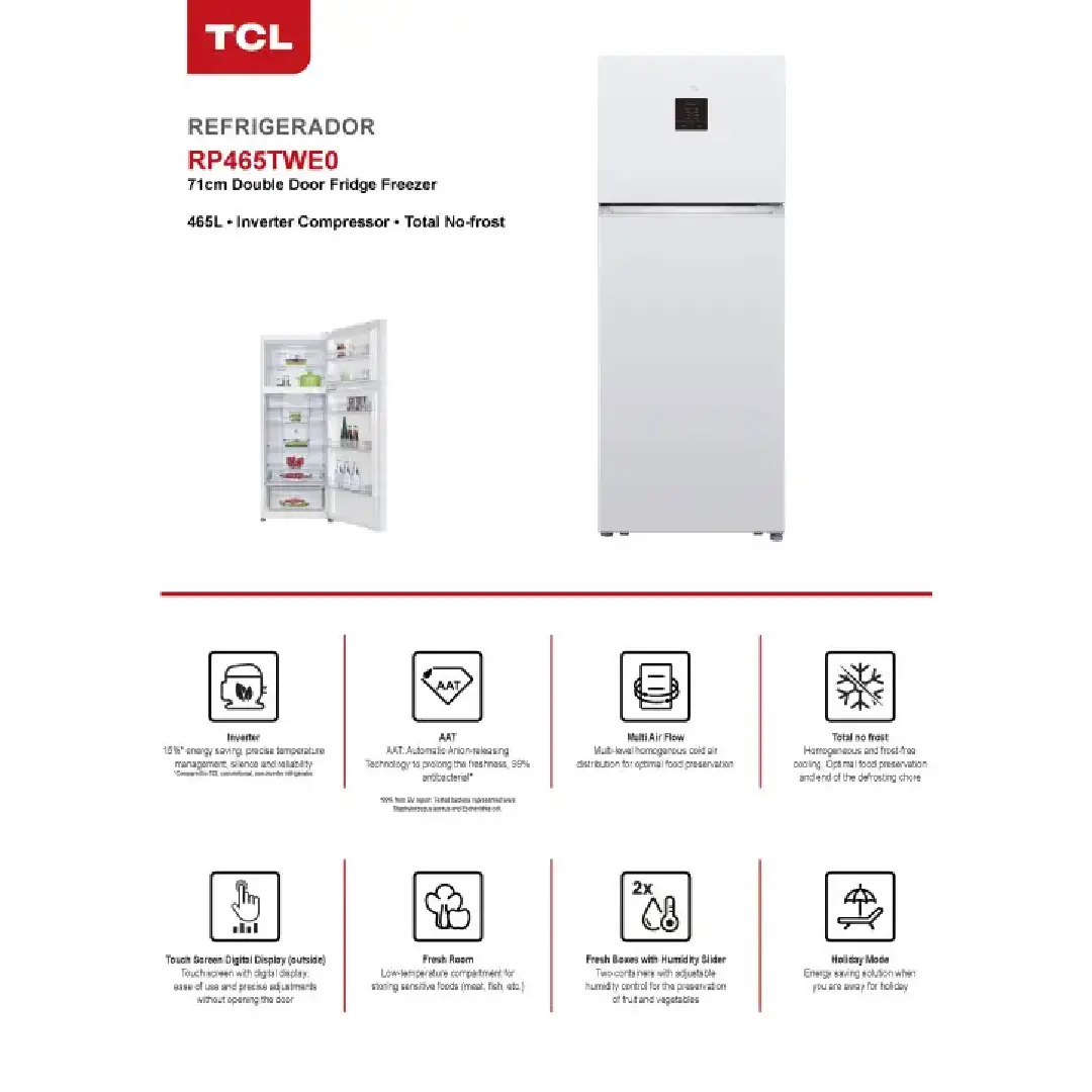 Ficha técnica detallada del frigorífico TCL RP-465TWE1 con especificaciones de capacidad, tecnología y eficiencia – Imagen para Electrocash.