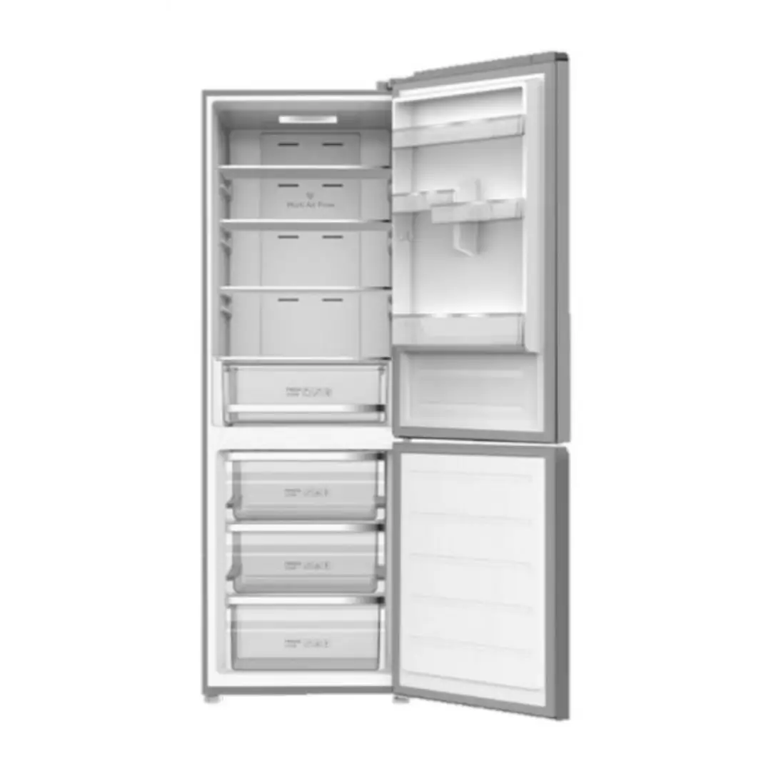 Vista del frigorífico TCL RP-318BSE1 Dark Inox abierto y vacío, mostrando su distribución interna y compartimentos, disponible en Electrocash.