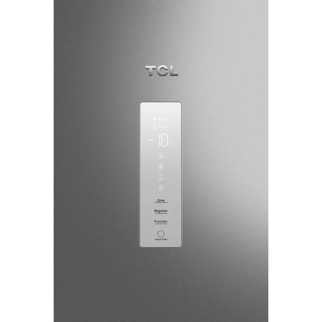 Detalle del display digital y panel de control táctil del frigorífico TCL RP417BXE0, con ajuste de temperatura y funciones avanzadas.