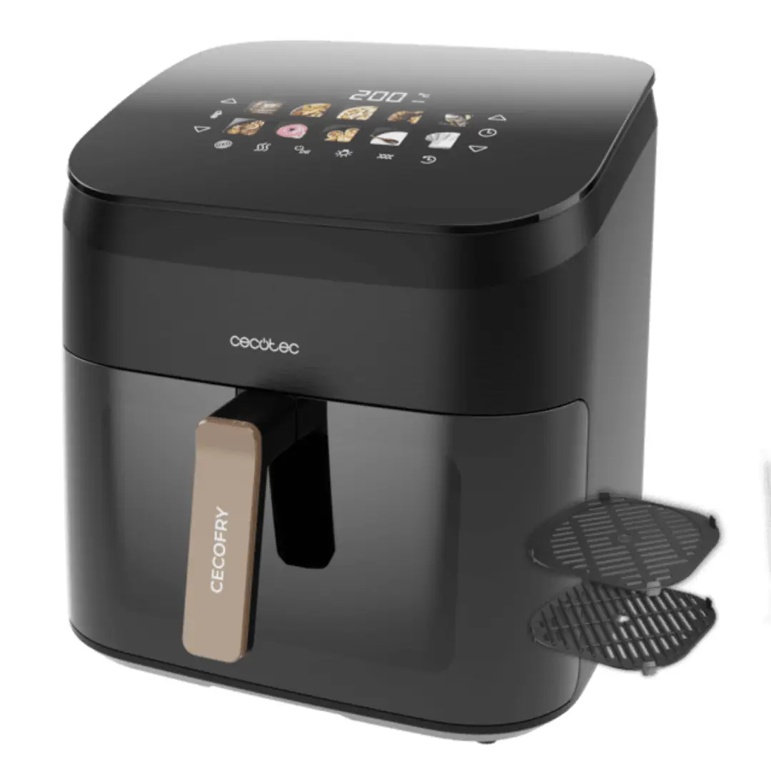Imagen principal de la freidora dietética Cecotec CecofryGrill Smokin 8500 mostrando su gran capacidad de 8,5 L, potencia de 2200 W y ahumador integrado para cocinar de manera saludable y sabrosa.
