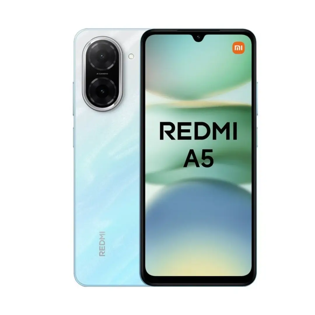 Vista frontal del Xiaomi Redmi A5 en color Azul Océano con pantalla de 6.88 pulgadas, tasa de refresco de 120Hz y diseño elegante, disponible en Electrocash.