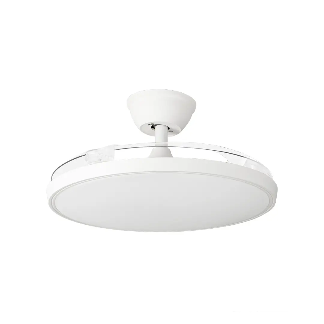 Vista alternativa del ventilador de techo Orbegozo CP-148105 con aspas retráctiles, iluminación LED integrada de 36W y motor DC silencioso.