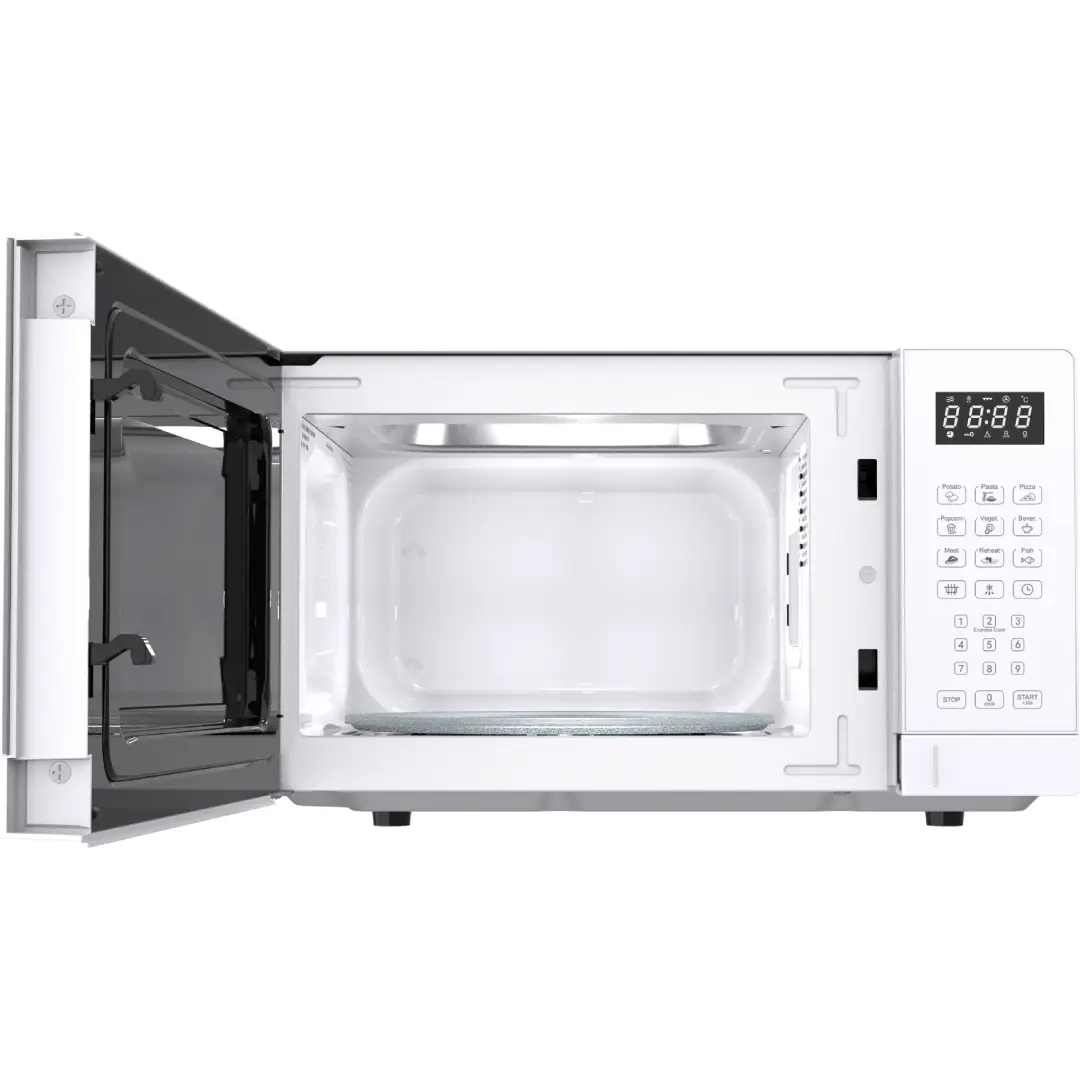 Microondas DAEWOO MD-FA202SW-EU con la puerta abierta mostrando su interior de 20 litros, acabado en blanco, ideal para cocinas pequeñas, imagen para Electrocash.