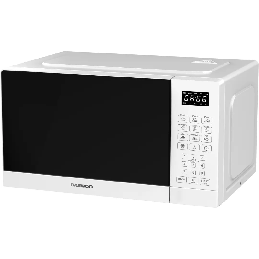 Vista frontal del microondas blanco DAEWOO MD-FA202SW-EU con capacidad de 20 litros, potencia de 700W y diseño digital compacto, imagen para tienda Electrocash.