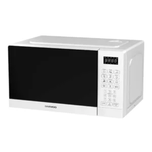 Imagen frontal del microondas Daewoo MD-FA202GW-EU en color blanco, con grill digital, capacidad de 20 litros y potencia de 700W – disponible en Electrocash.