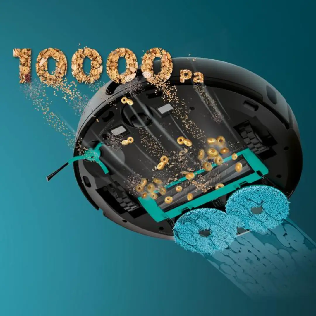 Detalle del robot aspirador Cecotec Conga 9590 Spin Revolution destacando su potencia de succión de 10.000 Pa, capaz de eliminar polvo, pelos y suciedad en suelos duros y alfombras.