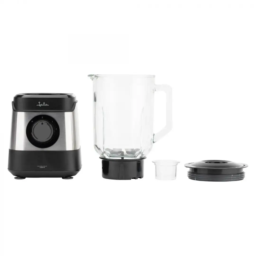 Imagen de la batidora de vaso JEBT-3855 Jata junto a todos sus accesorios, destacando la versatilidad y las piezas adicionales para diferentes funciones de mezcla y triturado.