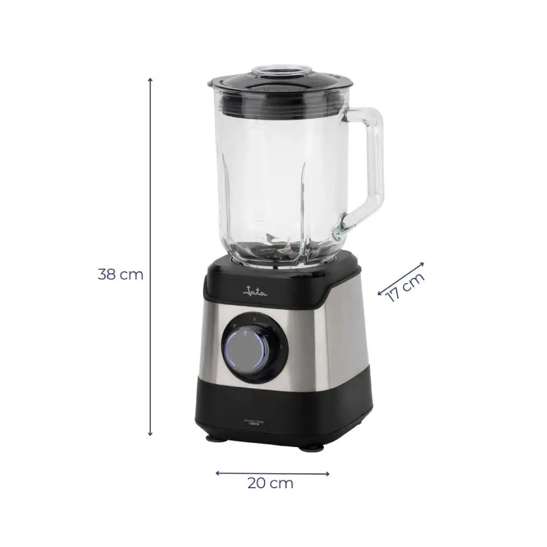 Imagen mostrando las dimensiones y la capacidad de la batidora de vaso JEBT-3855 Jata, ideal para ubicarla en cualquier cocina sin ocupar demasiado espacio.