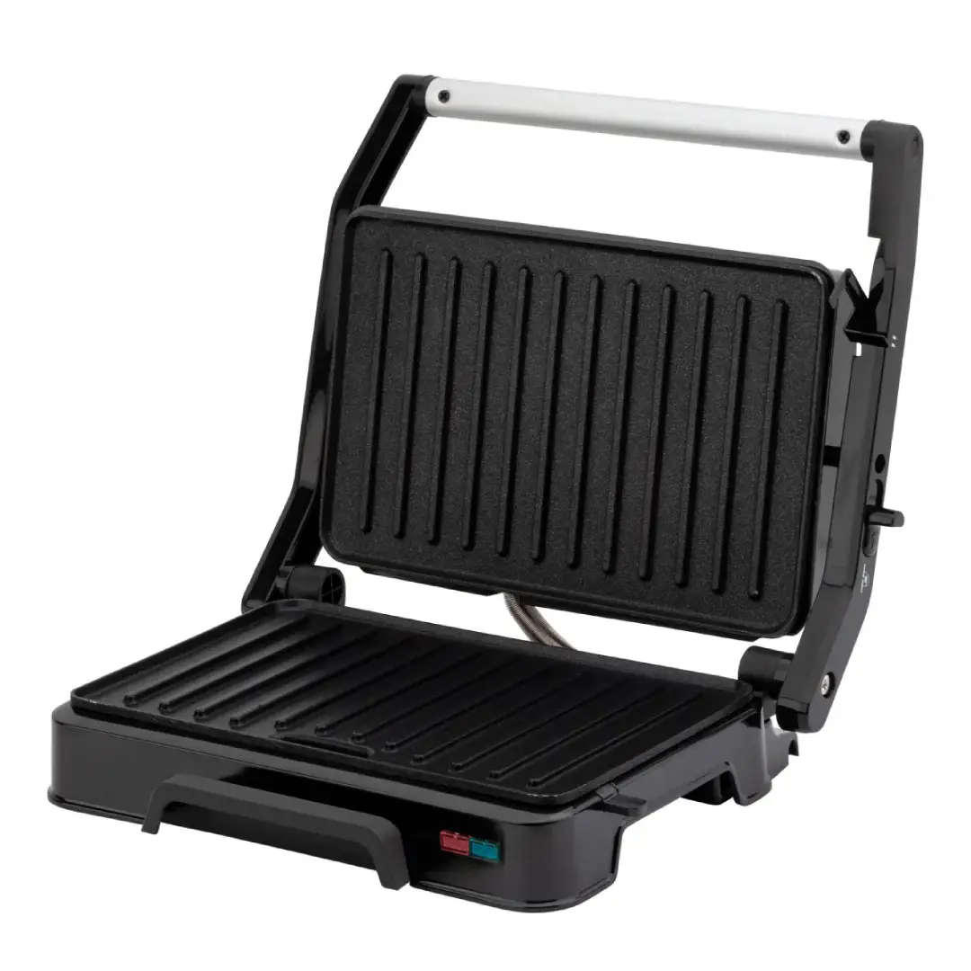 Imagen del grill doble JATA JEGR-1124 abierto, mostrando sus placas antiadherentes y apertura de 180º, perfecta para cocinar de manera uniforme y fácil de limpiar.