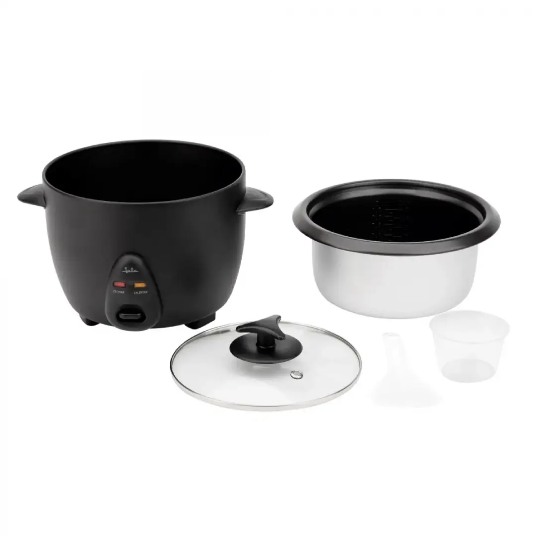 Imagen de la arrocera JATA JEAR-2522 desmontada, mostrando sus accesorios y la facilidad de limpieza, lista para preparar arroz perfecto de forma cómoda y práctica.