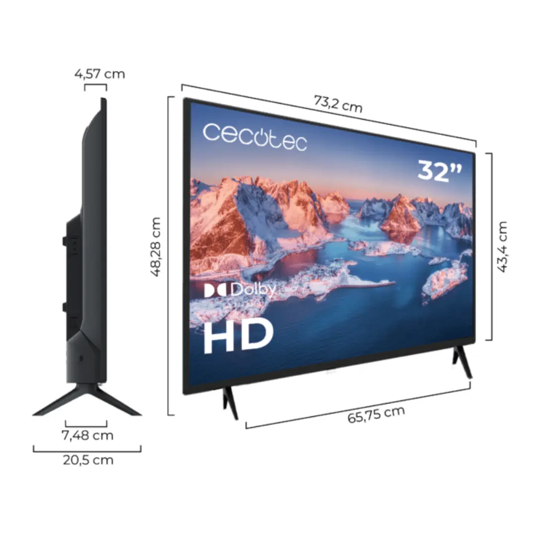 Imagen del televisor LED 32" 0 Series 0032S Cecotec mostrando sus medidas exactas para planificar su colocación en cualquier espacio.