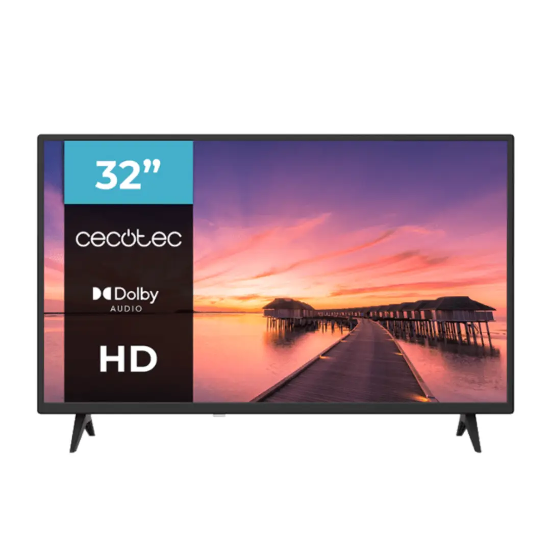 Imagen frontal del televisor LED 32" 0 Series 0032S Cecotec mostrando su pantalla HD, sonido Dolby y puerto USB, disponible en Electrocash.