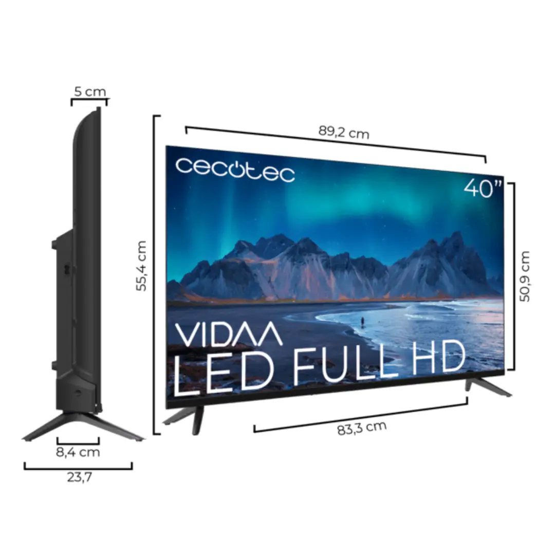 Imagen del televisor LED 40" A5 ALF50040 Cecotec mostrando sus dimensiones exactas, ideal para planificar su ubicación en cualquier espacio.