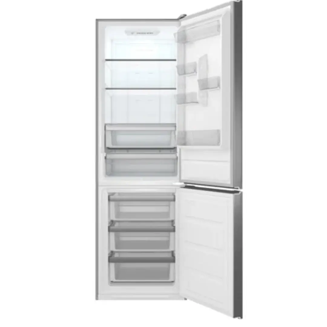 Vista del frigorífico Teka NFL-342C Inox abierto, mostrando estantes, cajones y compartimentos – disponible en Electrocash.