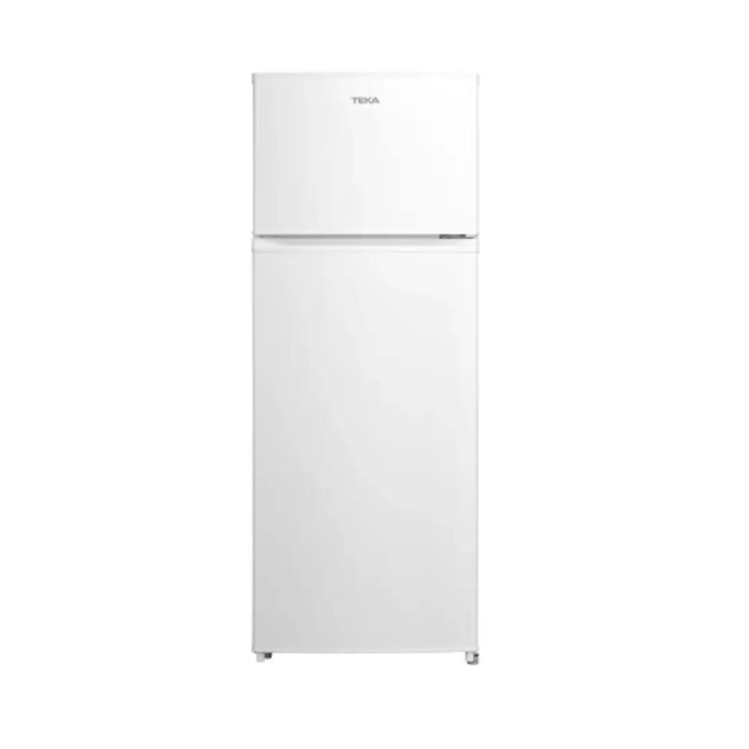 Vista frontal del frigorífico blanco TEKA RTF-2510 de 2 puertas con 204 litros de capacidad, 143 cm de alto y motor inverter, disponible en Electrocash.