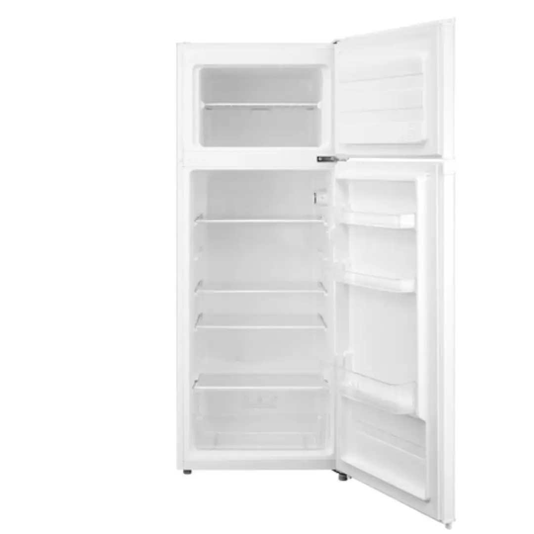 Frigorífico TEKA RTF-2510 abierto mostrando su interior vacío, estantes y compartimentos, modelo de 204 litros ideal para cocinas compactas, imagen para Electrocash.