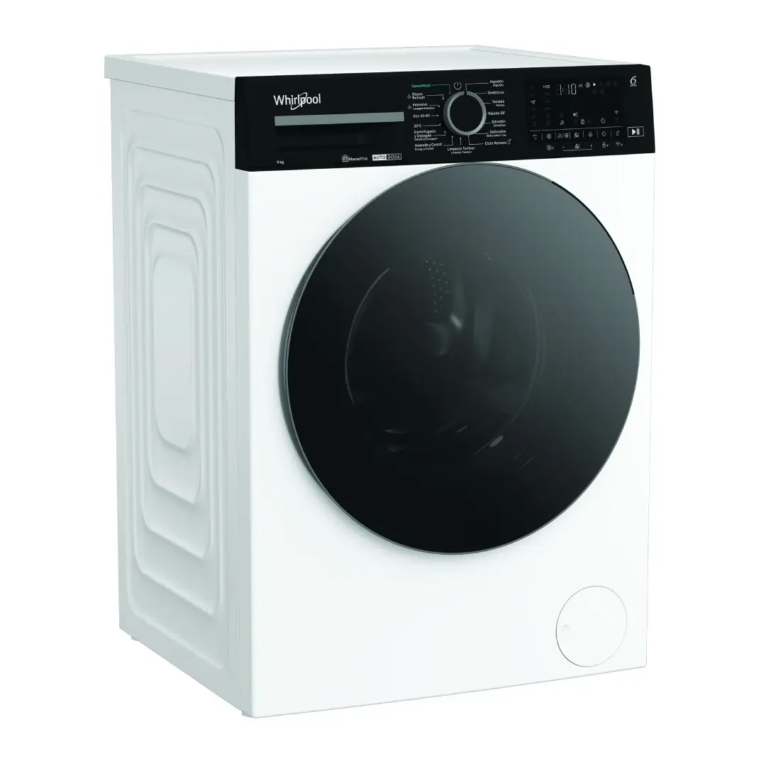 Imagen lateral de la lavadora Whirlpool WPM-97W ADS, destacando su diseño compacto y detalles del lateral – disponible en Electrocash.