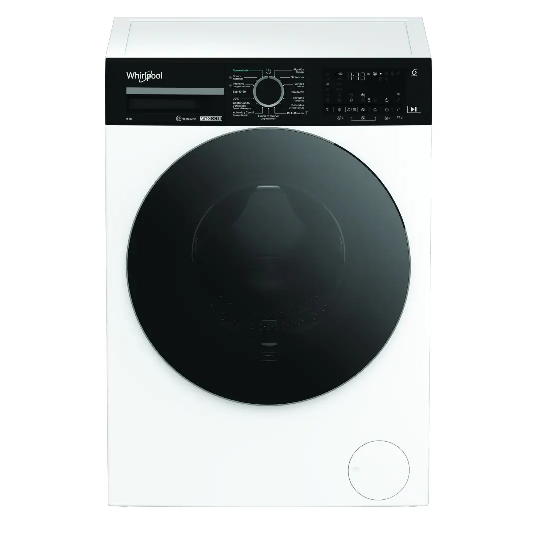 Imagen frontal de la lavadora Whirlpool WPM-97W ADS en color blanco, mostrando su diseño moderno y capacidad de 9 kg – disponible en Electrocash.