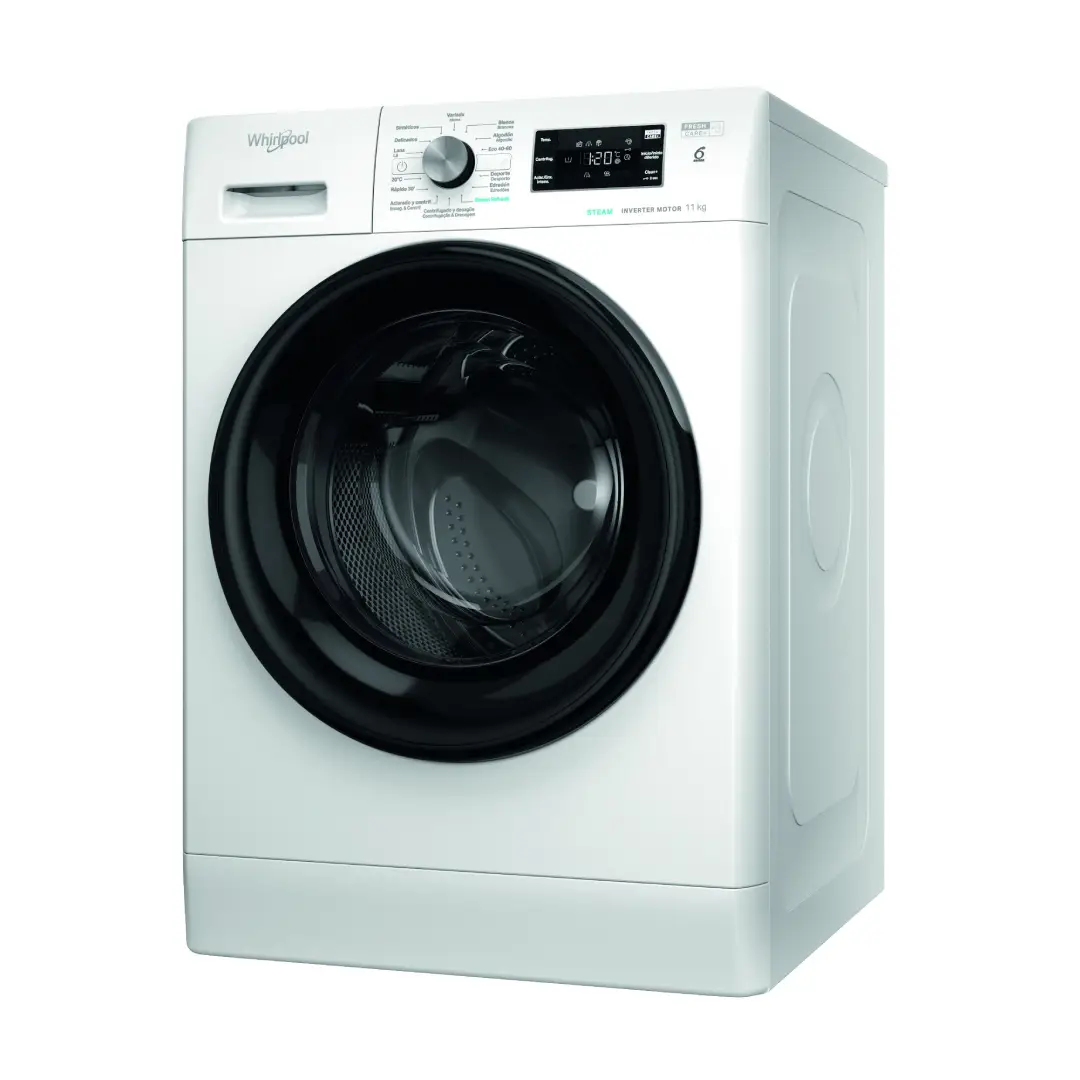 Otra vista frontal de la lavadora Whirlpool FFB-11489 BV, destacando su diseño elegante y detalles de la puerta – disponible en Electrocash.