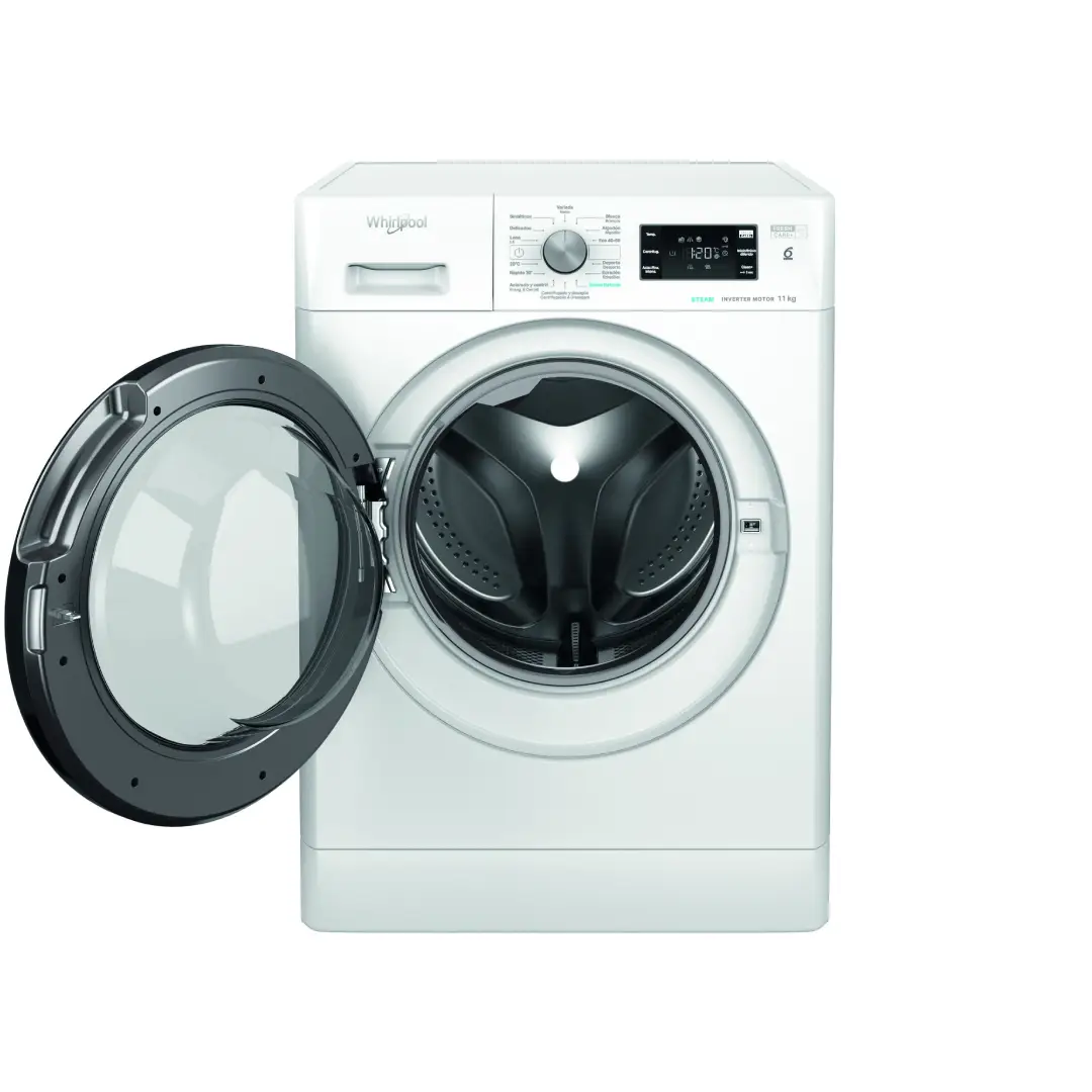 Lavadora Whirlpool FFB-11489 BV abierta, mostrando su tambor interior de gran capacidad y acabado moderno – Electrocash.