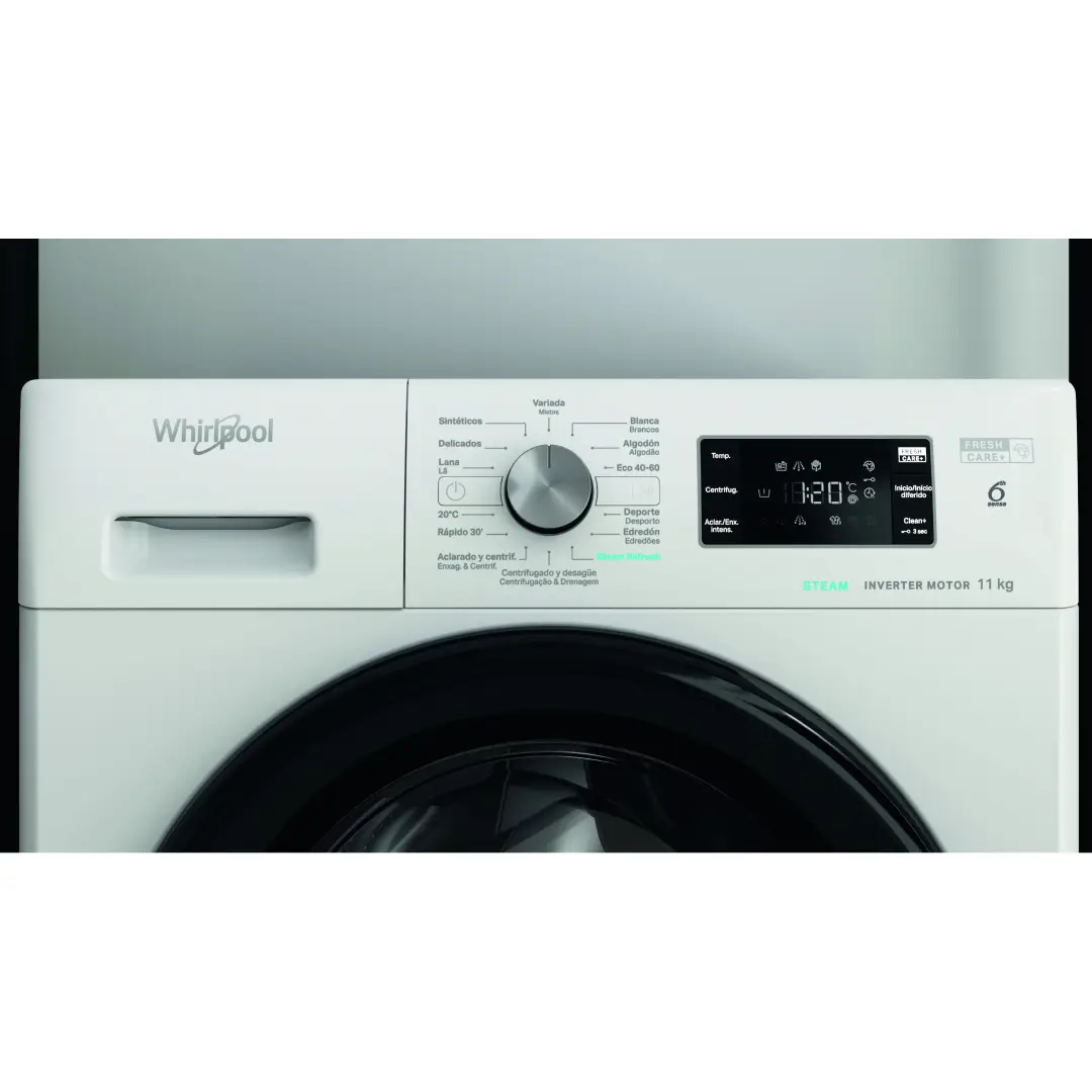 Primer plano del panel de control de la lavadora Whirlpool FFB-11489 BV, mostrando botones, selector de programas y pantalla LED – disponible en Electrocash.