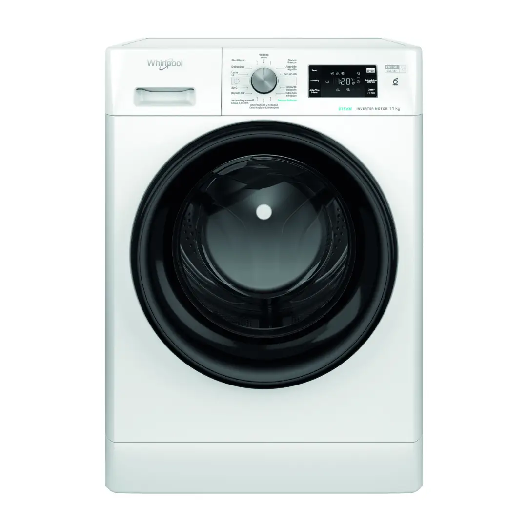 Imagen frontal de la lavadora Whirlpool FFB-11489 BV en color blanco, mostrando su diseño moderno y gran capacidad de 11 kg – disponible en Electrocash.