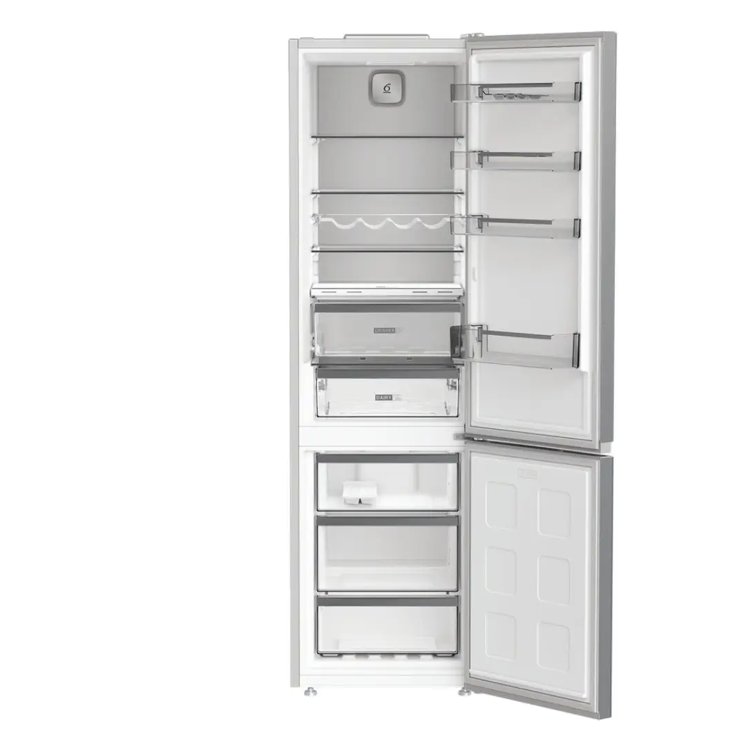 Vista del frigorífico Whirlpool WH-26403 XP6E abierto y vacío, mostrando su distribución interna y cajones amplios, disponible en Electrocash.