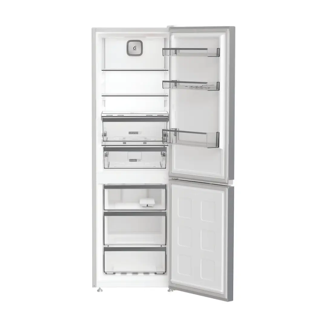 Vista del frigorífico Whirlpool WHK-26363 XP6E Inox abierto y vacío, mostrando sus estantes, cajones y compartimentos – disponible en Electrocash.